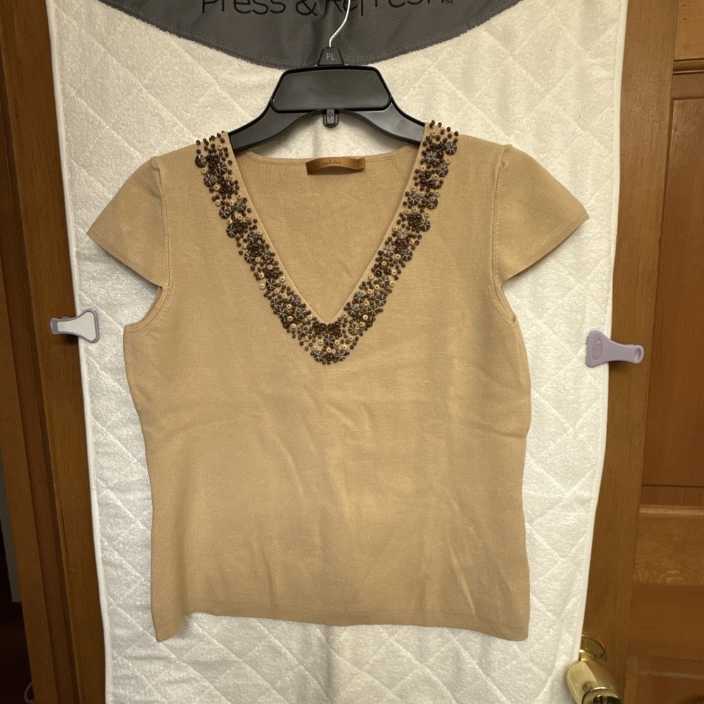 Belldini Womens Tan Embellished V-Neck tan top size L